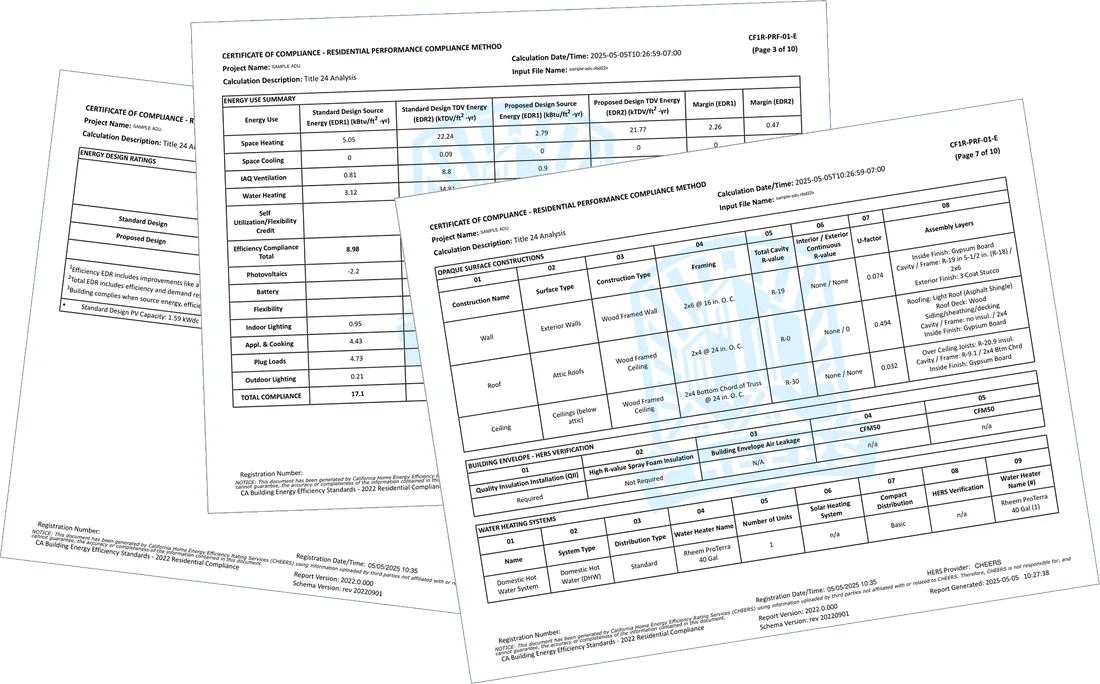 Sample pages from a Title 24 residential certificate of compliance (CF1R-PRF-01)
